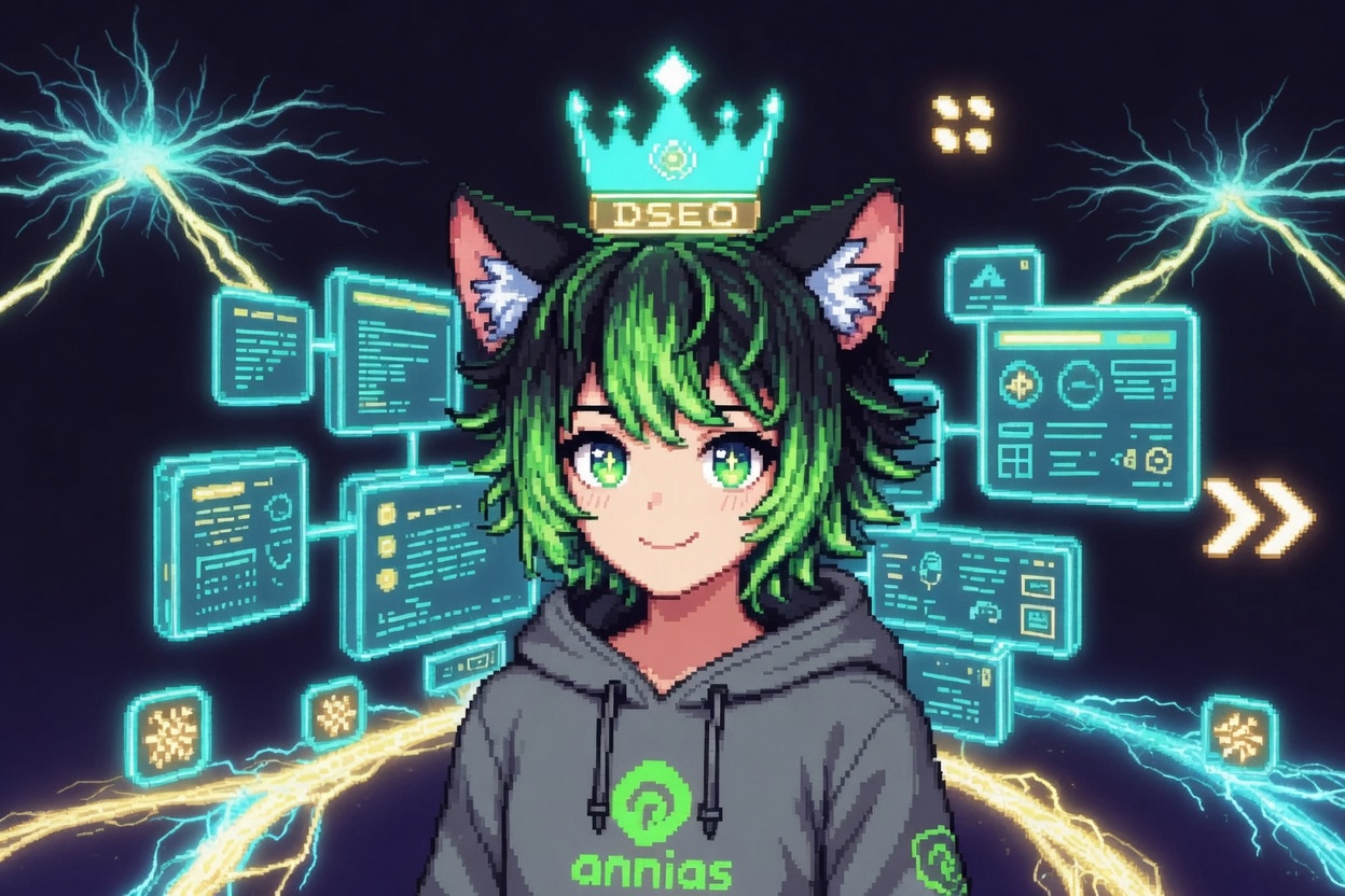 Annias smiling confidently in pixel-art neon style