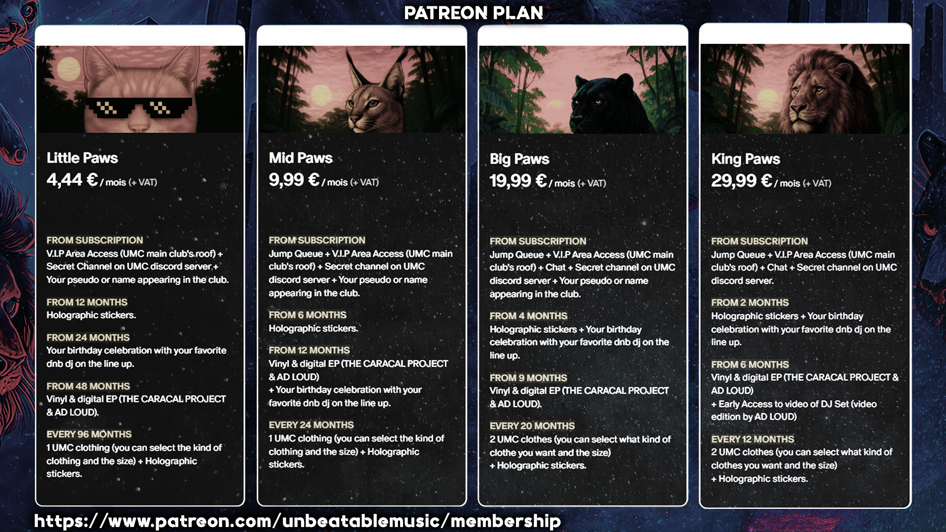 UMC Patreon Plan, Little Paws, Mid Paws, Big Paws, King Paws tier poster